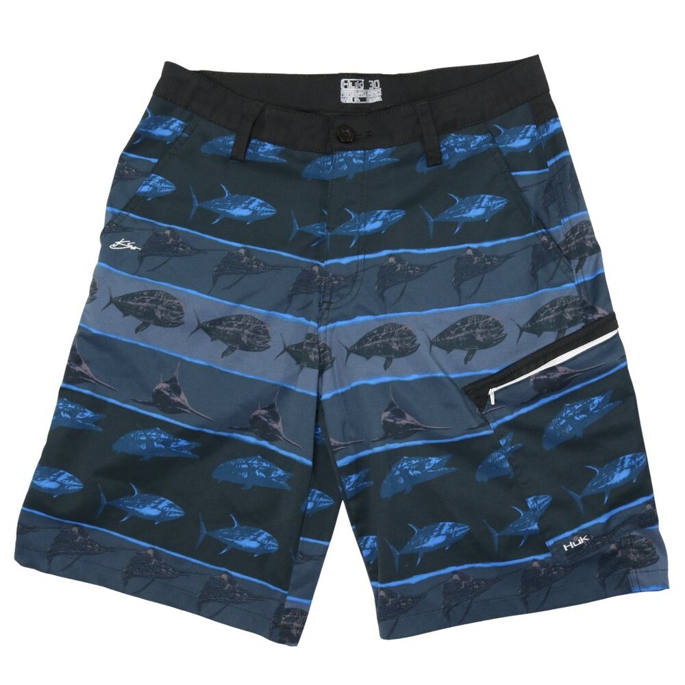 HUK Performance Hybrid Board Shorts Blue Fish Sharks Ocean
